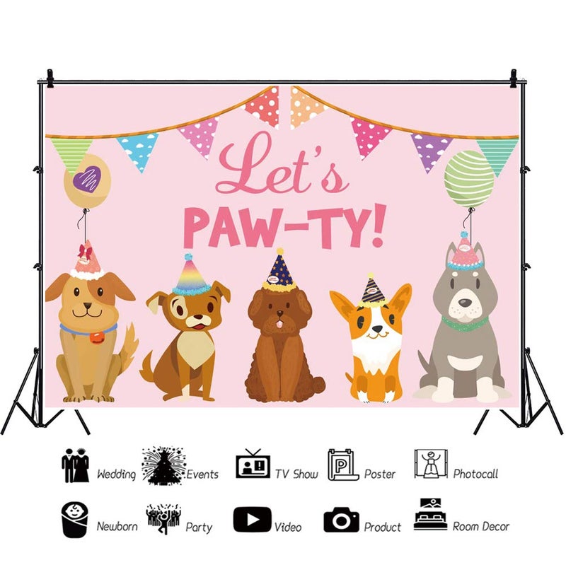 DORCEV 5x3ft Let's Paw-ty Backdrop for Puppy Dog Birthday Party Photography Background Cartoon Dog Sweet Pink Balloon Little Flag Doggy Pet Photo Booth for Dessert Table Banner Wallpaper - Image 2